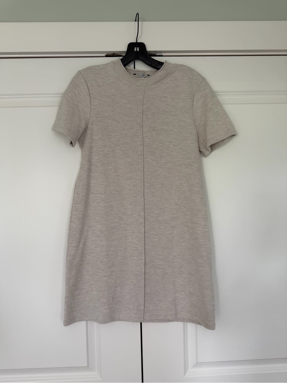 Zara Short-Sleeve Knit Mini Dress in Light Beige